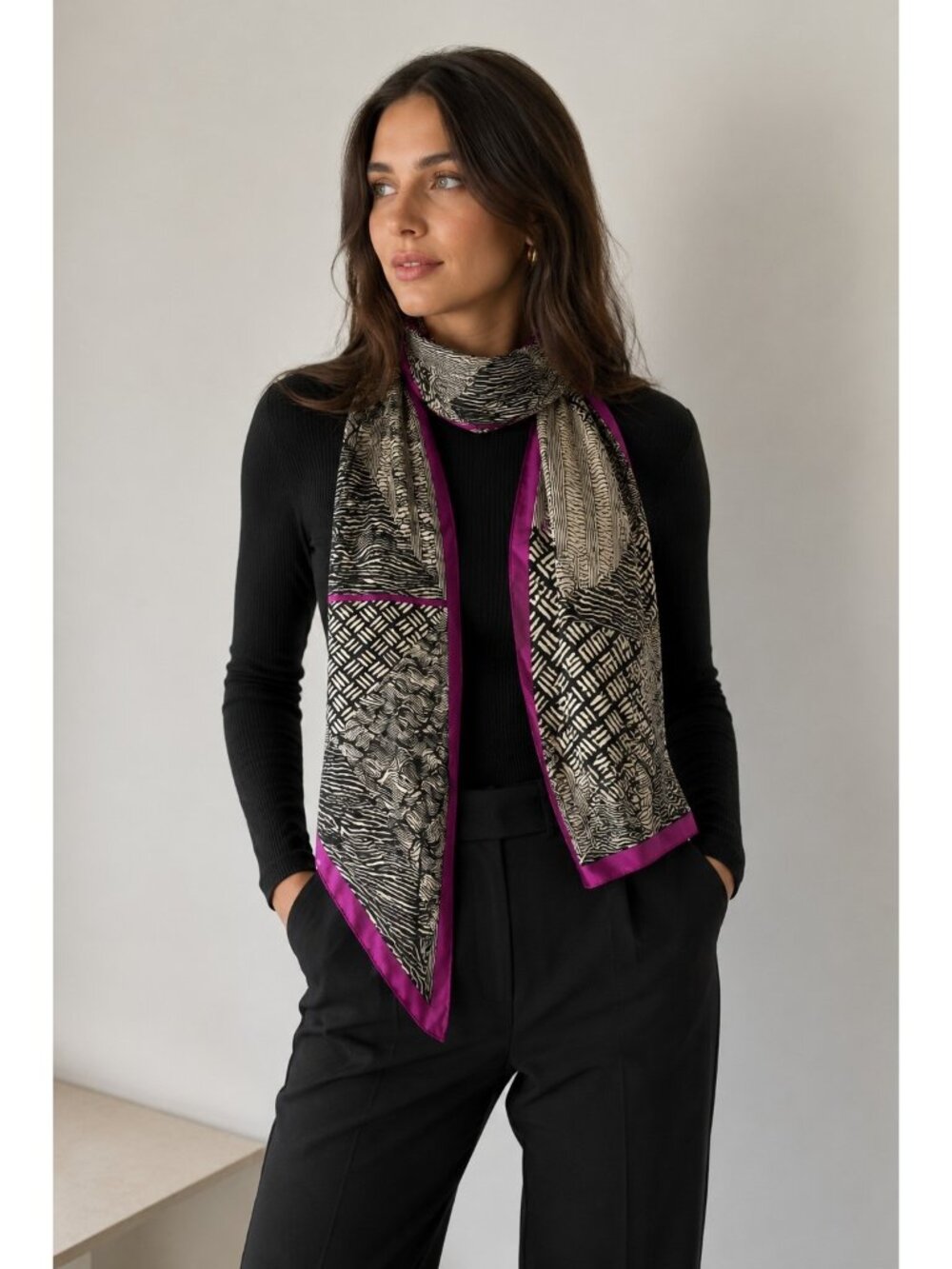 Vintage Adrienne Vittadini Black And Fucsia Silk  Rectangle scarf Look Photos